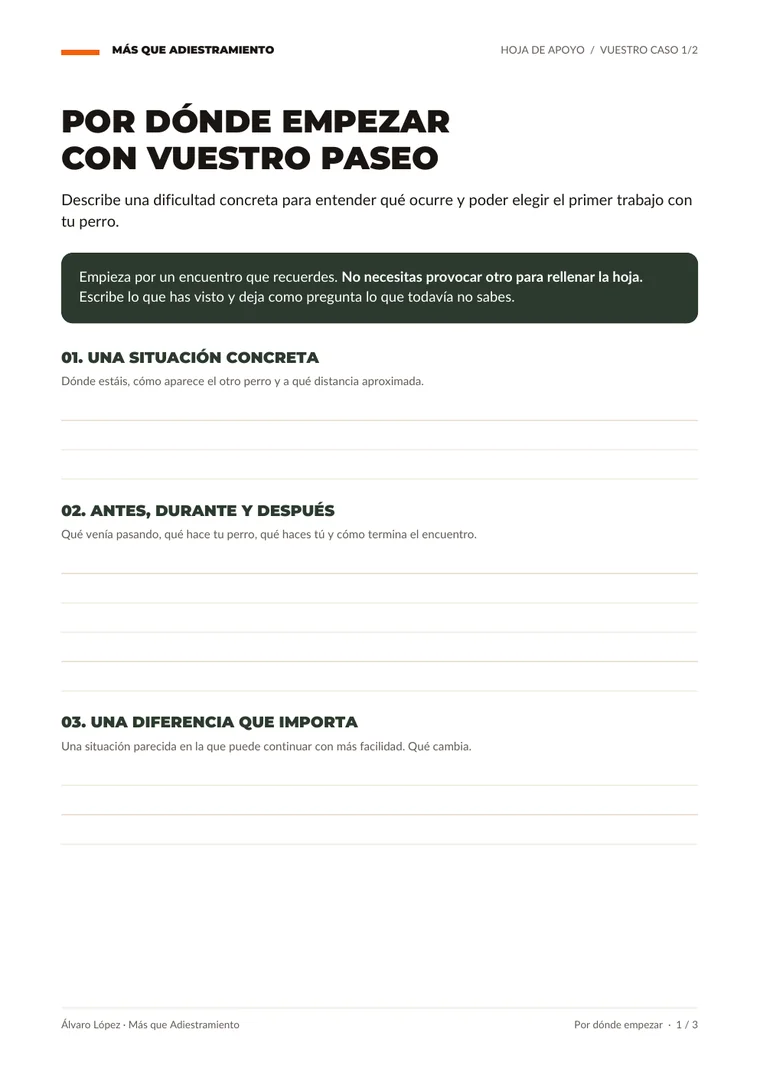 Primera hoja del PDF, con espacio para describir un encuentro, lo que ocurre antes y después y una situación más fácil