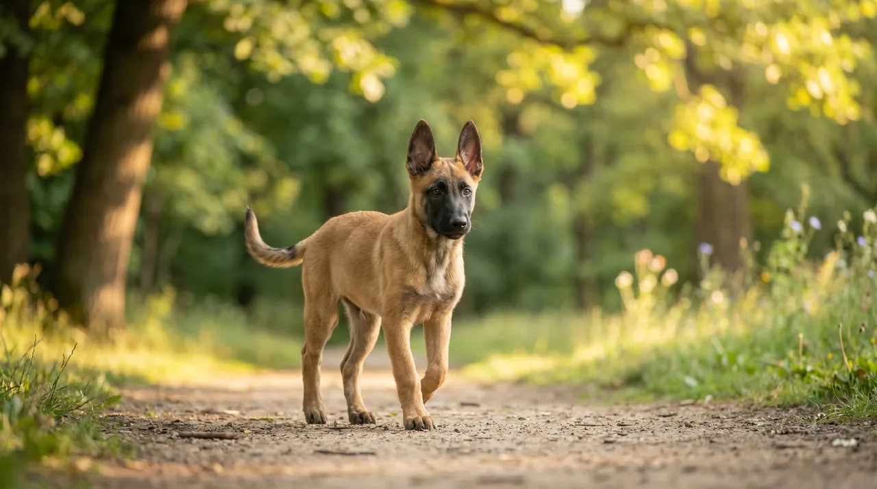Cachorro de pastor belga malinois paseando tranquilo tras trabajar el miedo