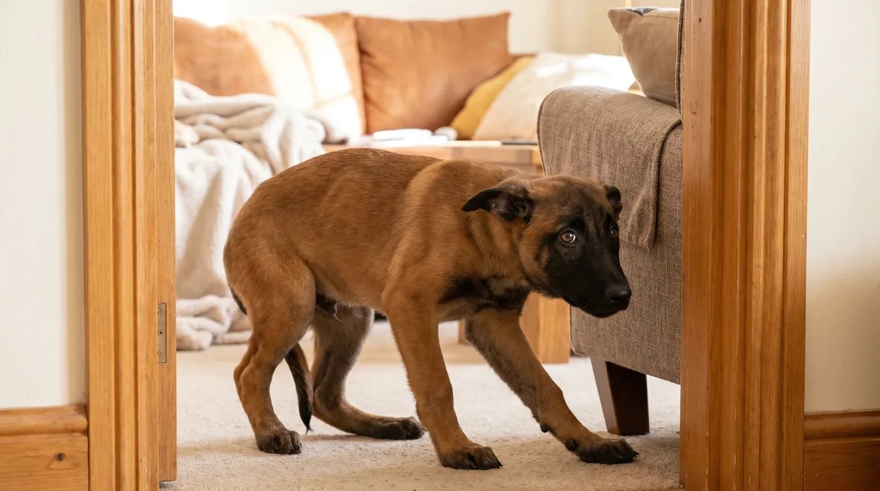 Cachorro de pastor belga malinois con miedo, agazapado y receloso en casa