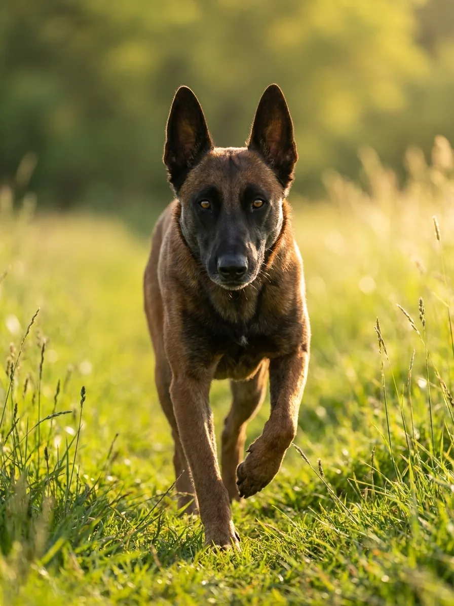 Malinois belga corriendo hacia el guía en una pradera al atardecer, en plena llamada